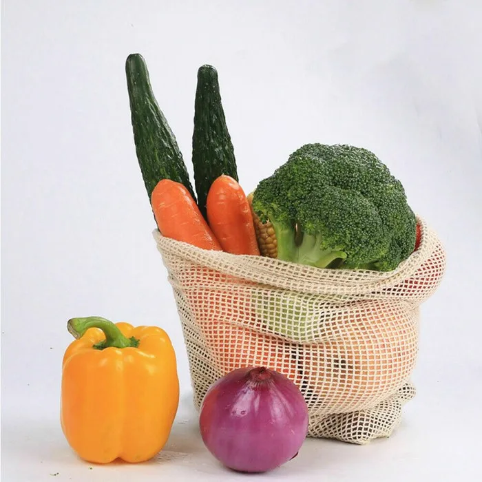 

Reusable Drawstring Organic Cotton Mesh Bag With Metal Spring Buckle, Natural