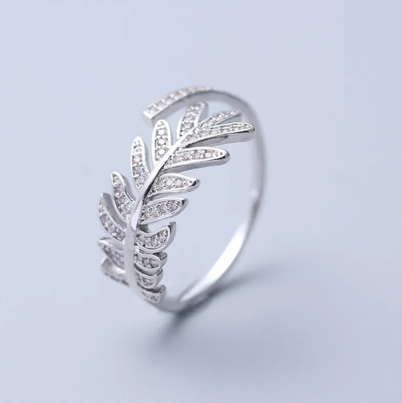 

Adjustable Silver Plated Full CZ Leaves Finger Rings White Zircon Leaf Open Rings