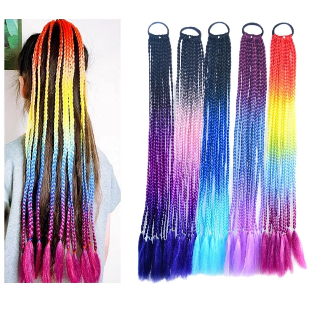 

New Girls 24 Inches Premium Ombre Hair Extensions Fiber Mixed Rainbow Color Box Twisted Kids Ponytail Braids