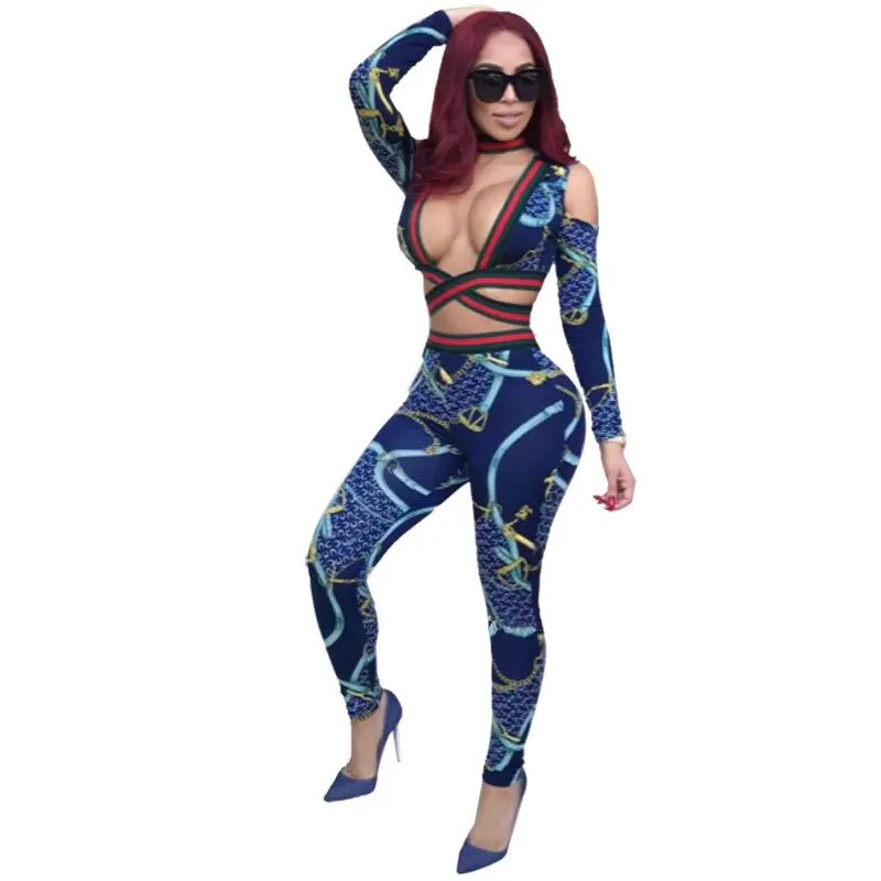 

2021 New arrivals HOT ITEMS women sexy long sleeve floral print top and pants slim casual two piece set