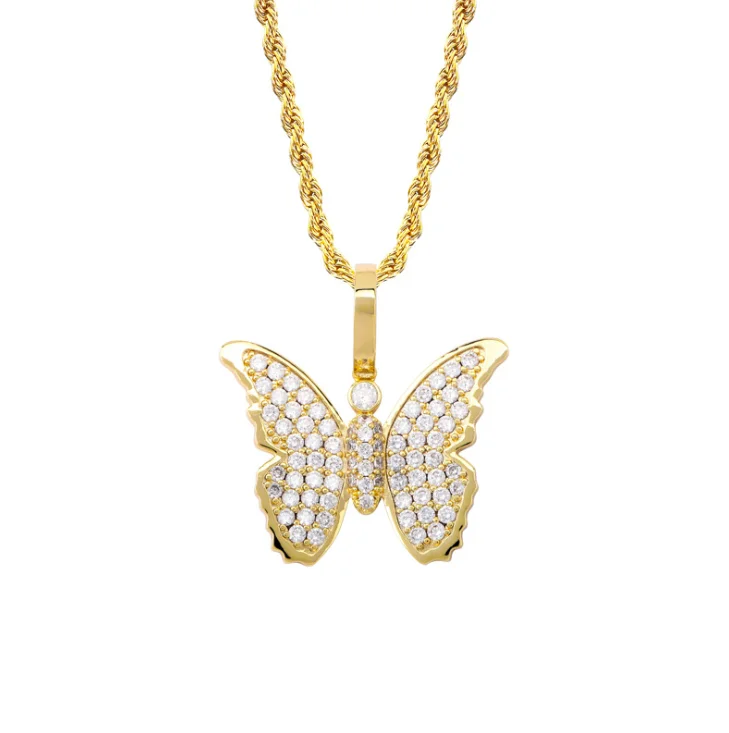 

Jialin jewelry ins hiphop iced out cz zircon diamond 18k gold plated solid small butterfly pendant necklaces