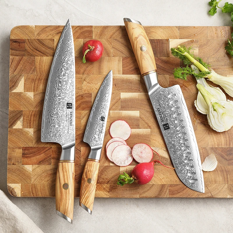 

XINZUO 3PCS New Design Rounded Corner Damascus Steel 73 layers Kitchen Chef Knife Set with Olive Wood Handle