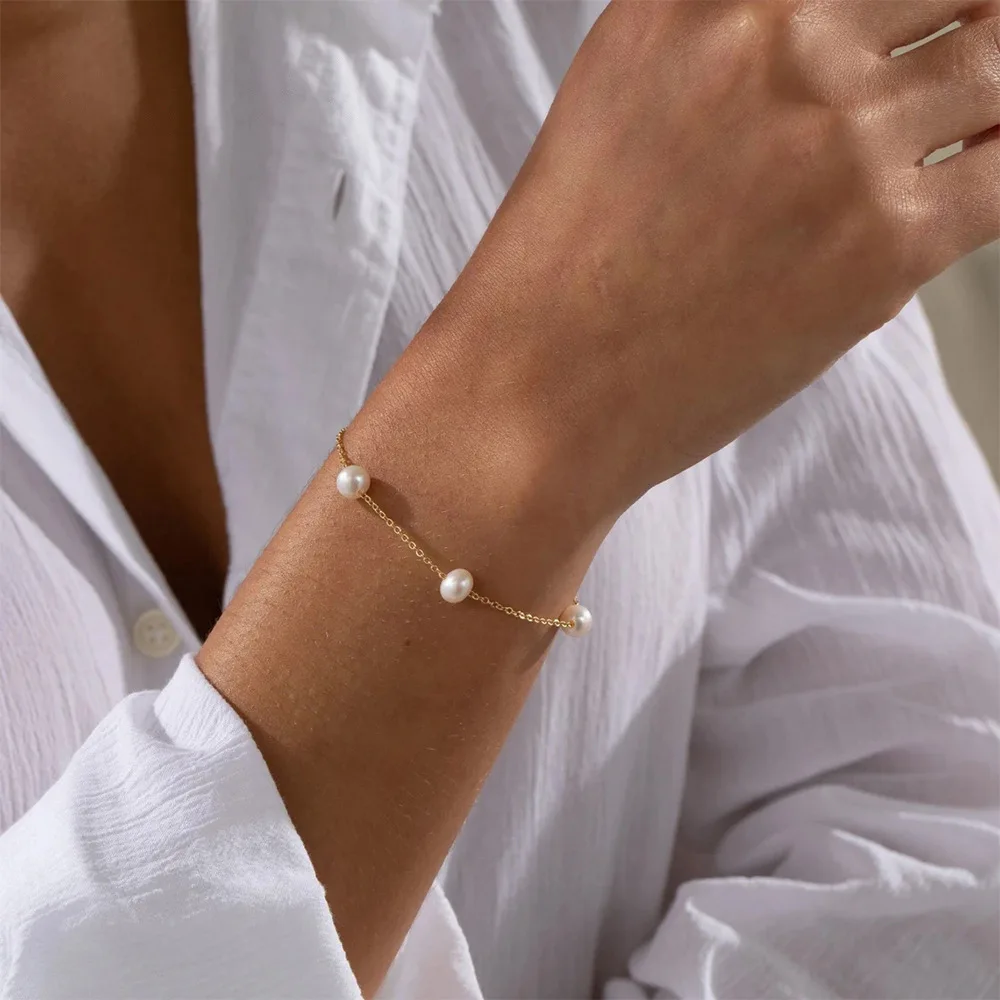 EManco Fine Jewelry Waterproof Stainless Steel Freshwater Pearl Chain Bracelet Jewelry for Women Gold Bracelet Pearl 14k
