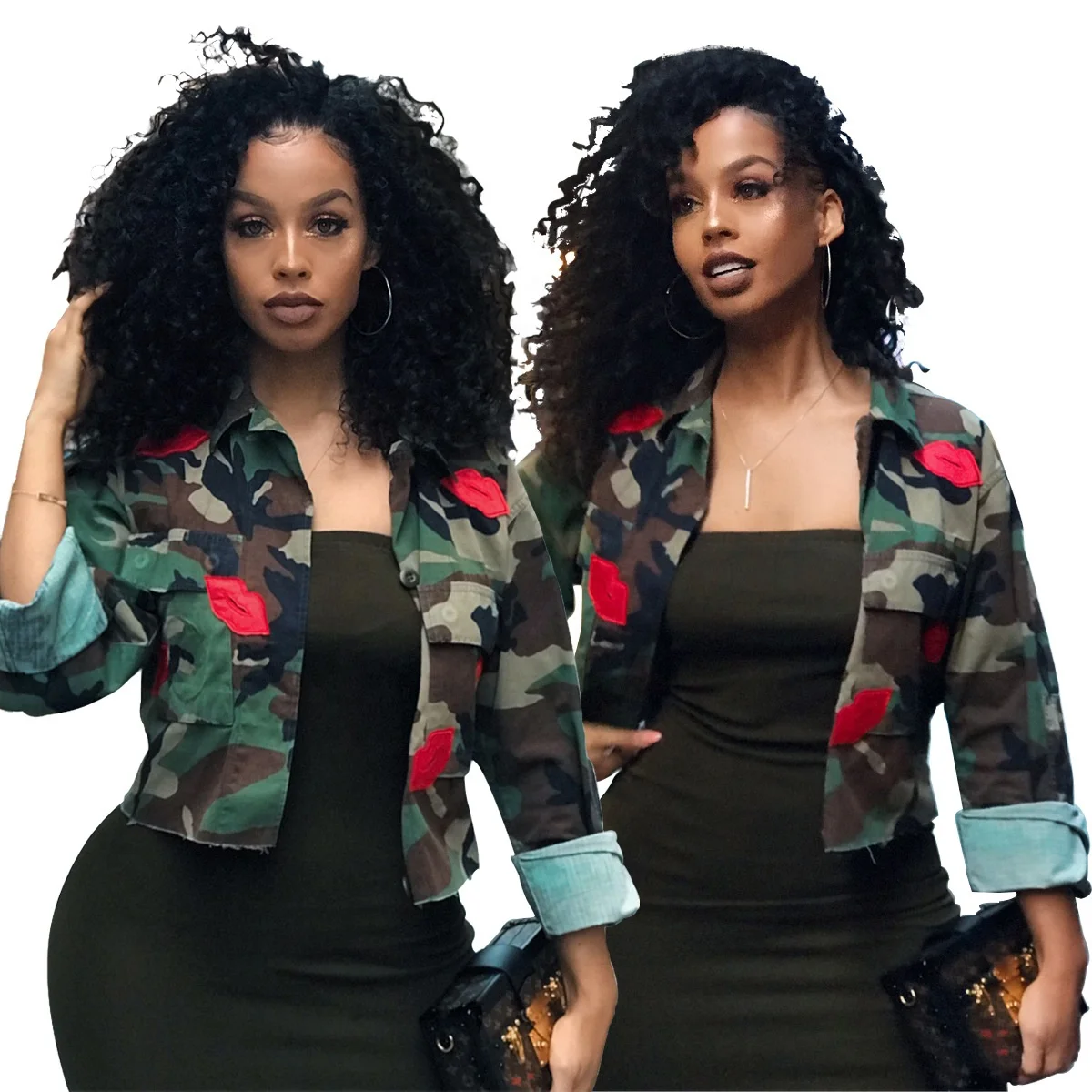 

YD Trending ladies Spring high quality short female fall lips print camo camouflage coat girls and woman jacket