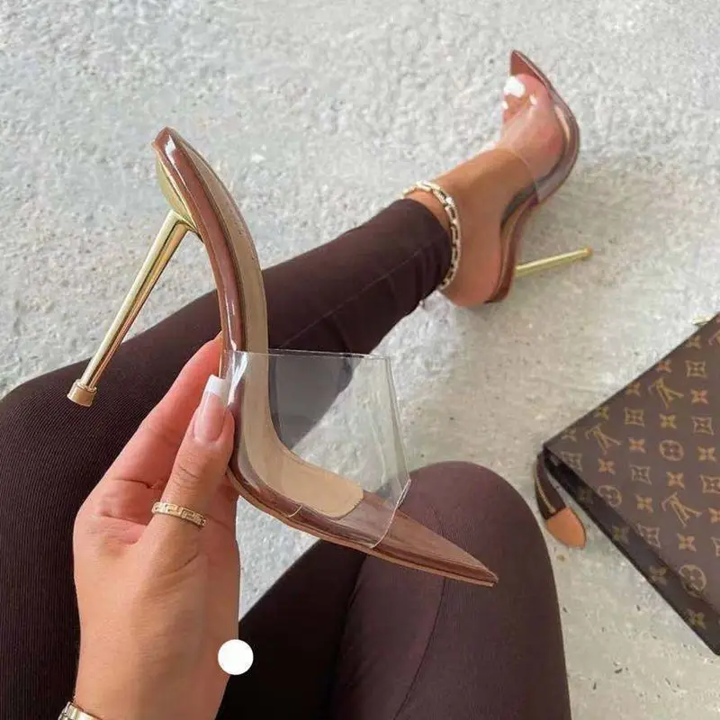 

Hot selling clear perspex strap metallic stiletto heels women slide slippers pointy peep toe streetwear lady mules summer