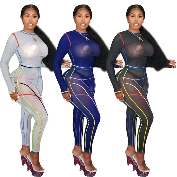 

Fashion 2021 Solid Color Mesh See Through Long Sleeve Female Wears 2021 Sexy Two Piece Set Womens Two Piece Outfit