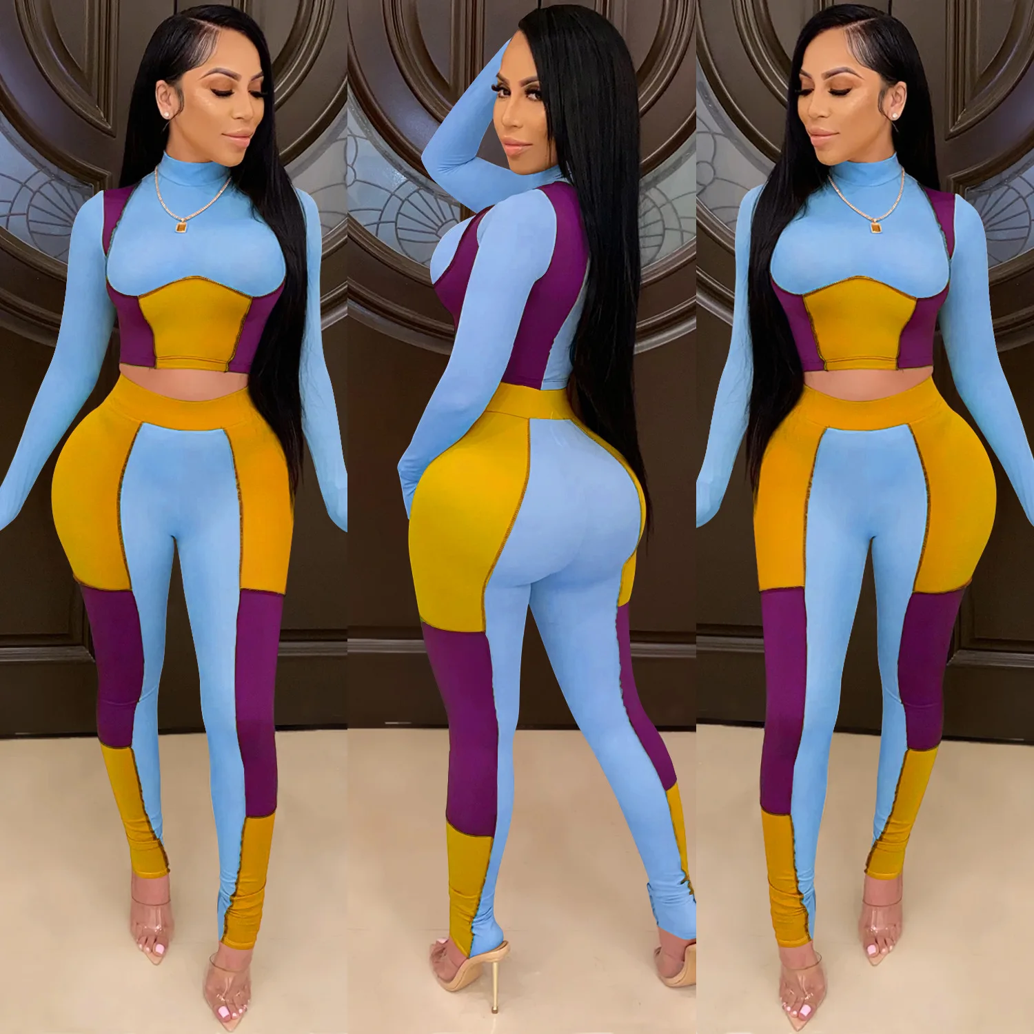 

Patchwork Skinny Two Piece Set Women Autumn Mock Neck Crop Top+Stretchy Legging Matching Outfit Hot Streetwear 2021