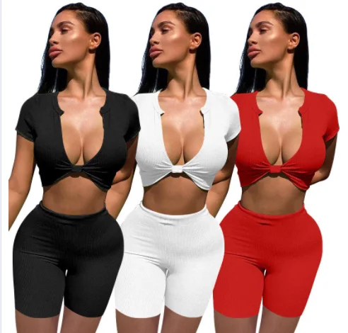 

Woman Tops Fashionable Women Two Piece Set High Waist Short Pants And Sexy V-neck Vest Sets