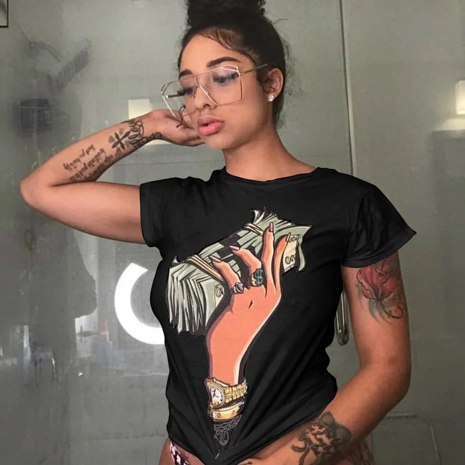 

hot sale graphic t shirt women blouses tops shirt Casual money print crop tops t-shirts women short sleeve trendy tops for women