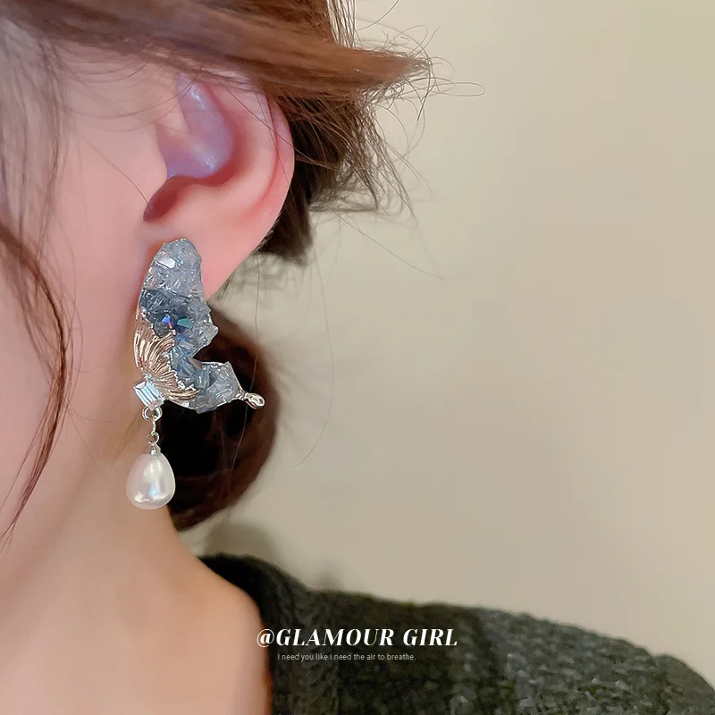 

Exaggerated Butterfly S925 Sterling Silver Needle Pearl Tassel Earrings Rhinestone Crystal Dangle Women Earrings