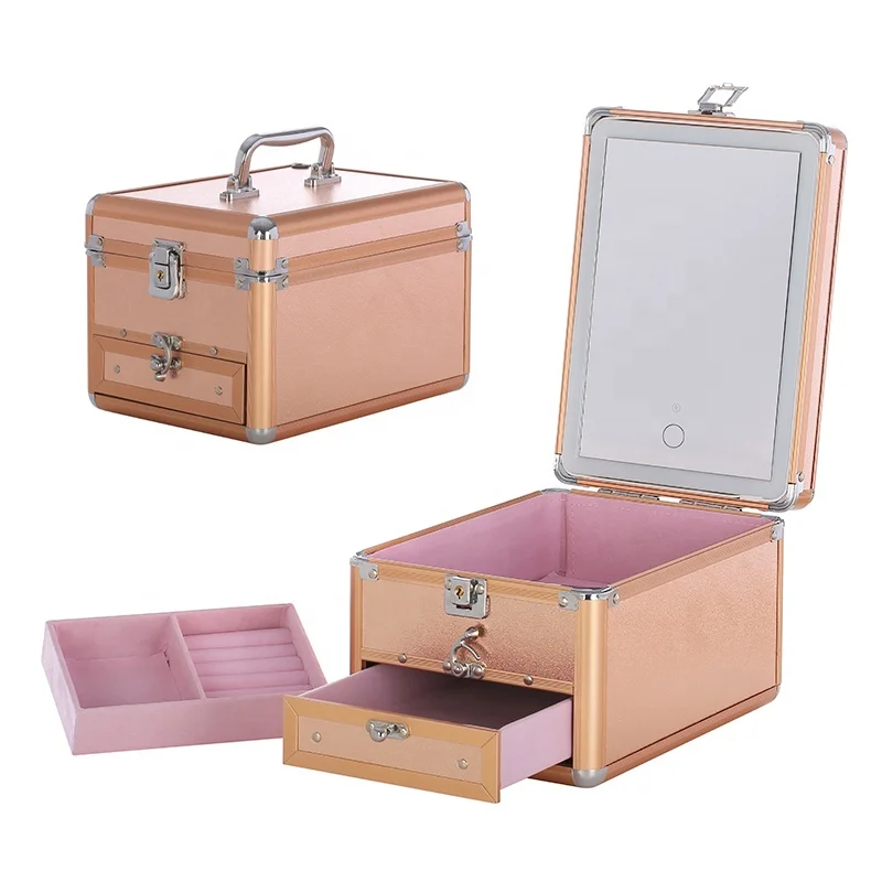 

LED Lighted Rose Gold Beauty Artist Cosmetic Organizer Box Vanity Makeup Train Case with Lights Mirror