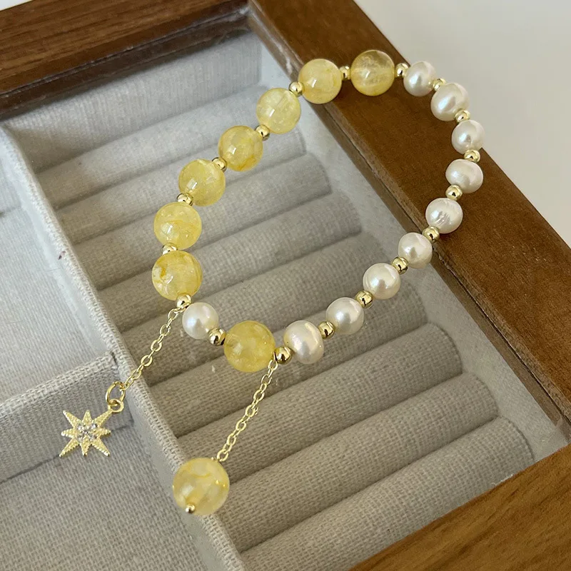 

Vershal D3-1 Exquisite Natural Freshwater Pearl Yellow Strawberry Crystal Drop Star Bracelet For Women Jewelry