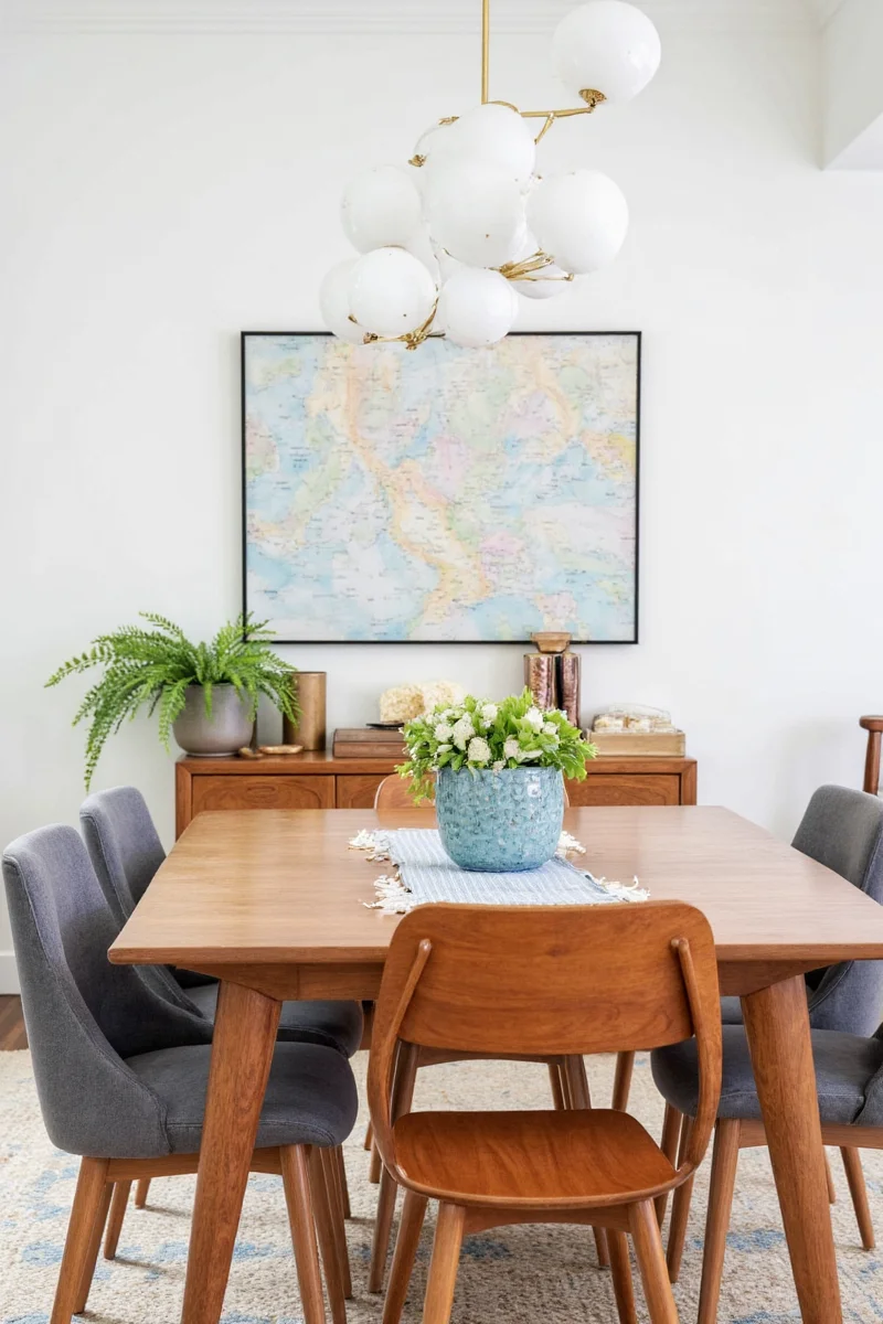Chalkboard wall in dining area with kids' drawings