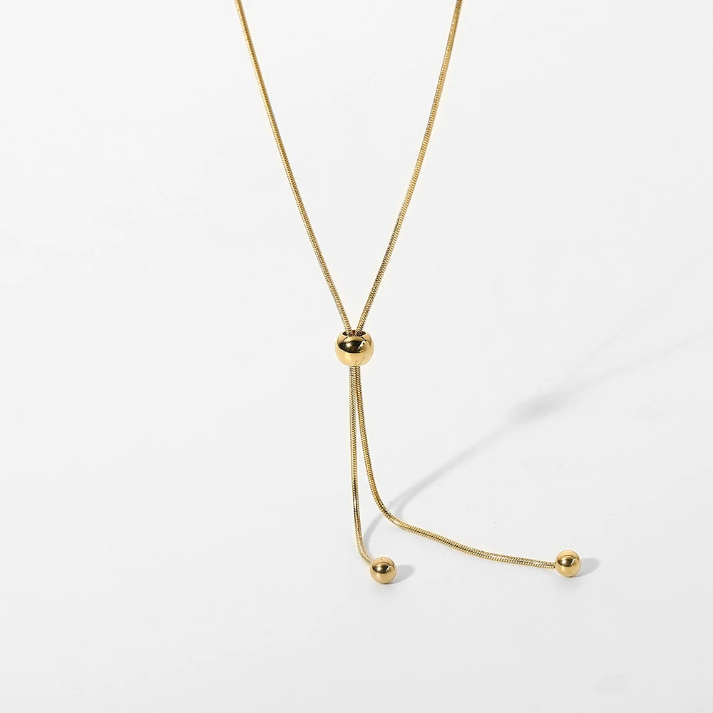 INS Popular Jewelry Waterproof 14K Gold Plated Stainless Steel Round Snake Chain Beads Y Shape Beaded Necklace for Women