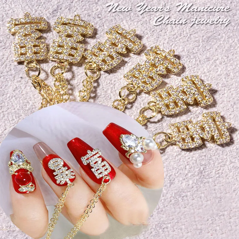 

115mm China Traditional New Year Wish Get Rich Zircon Chinese Words Nail Charms with Chain Nail Art Jewelry