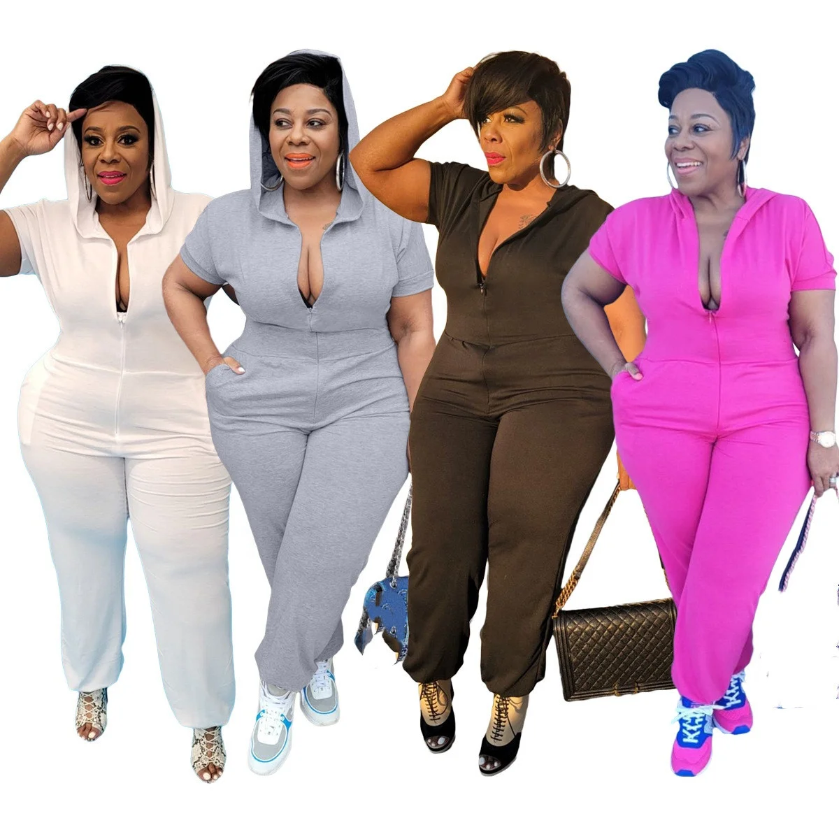 

B64387A 5XL Plus Size Women Casual Workout Loose solid color jumpsuit Plus Size Women Clothing, Shown