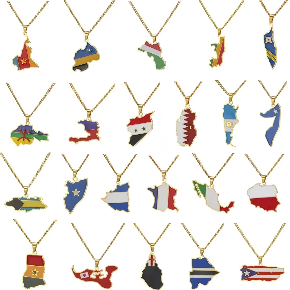 Factory World Countries Map Flag Charm Chain Necklace Stainless Steel Silver 18K Gold Plated National Flag Pendant Necklace