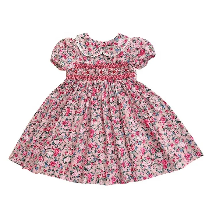 

wholesale top quality kids flower girls casual dresses toddler christmas girls hand made cotton smocked dress for girl kids, Navy,sky blue,pink,white