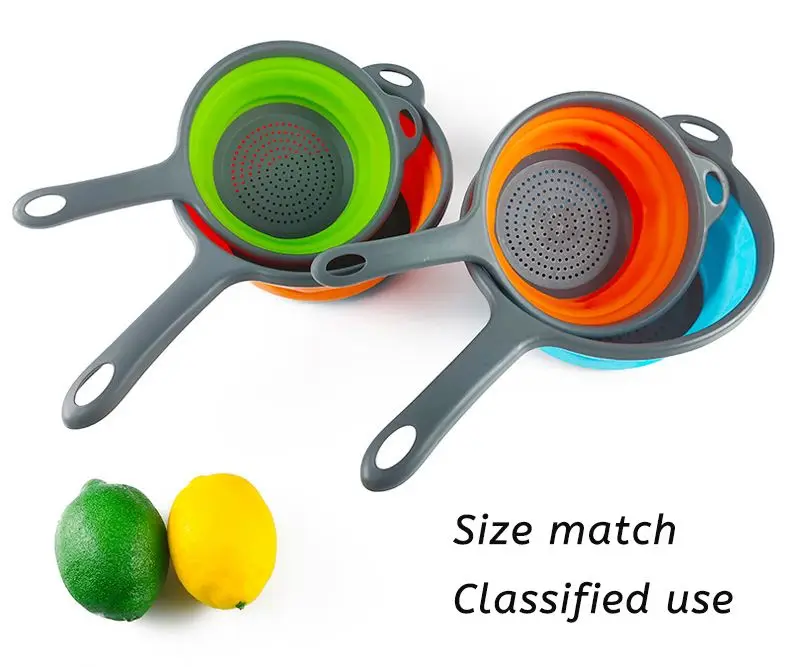 

Factory Wholesale Silicone Collapsible Round Collander With Handle, Green, orange, blue, red