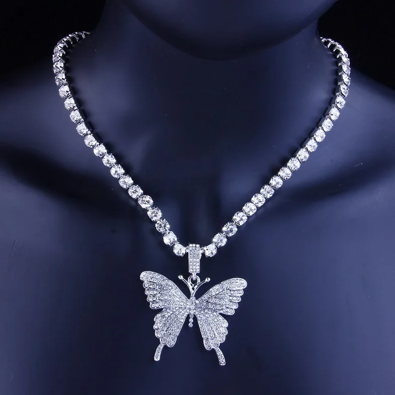 

Luxury Crystal Iced Out Bling Rhinestone Tennis Chain Pave Crystal Diamond Butterfly Necklace Choker, Gold, silver