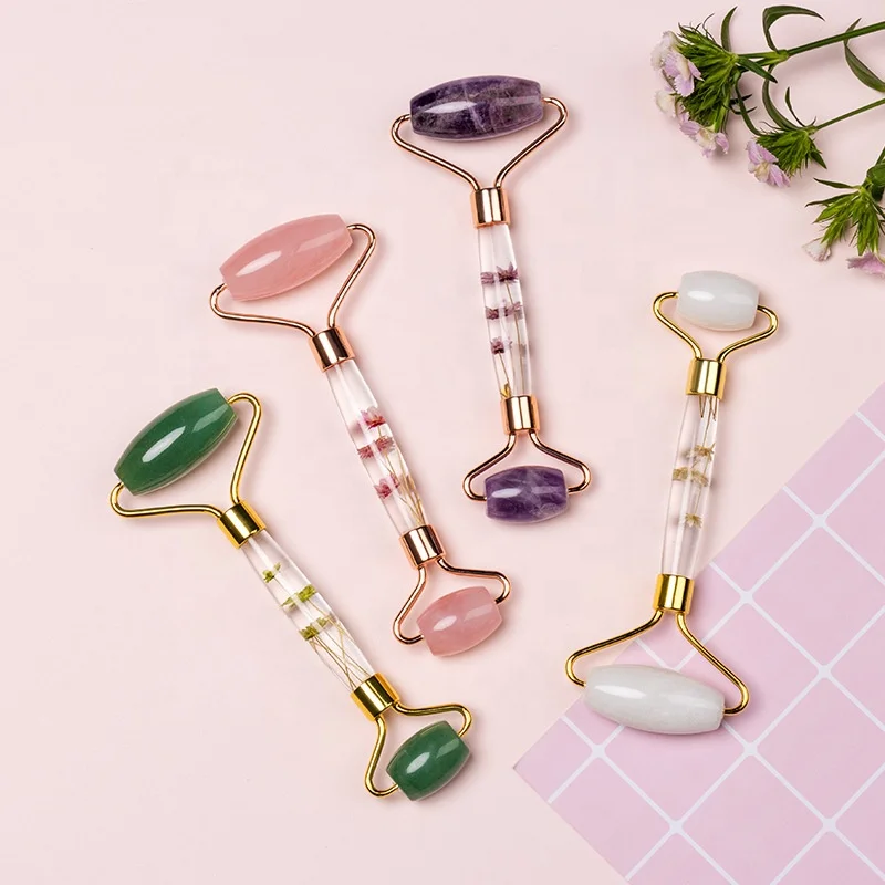 

New Arrival Natural Facial Anti Aging Pink Jade Roller Preserved Flower Handle Jade Facial Roller Natural Beauty Skin Care Tools