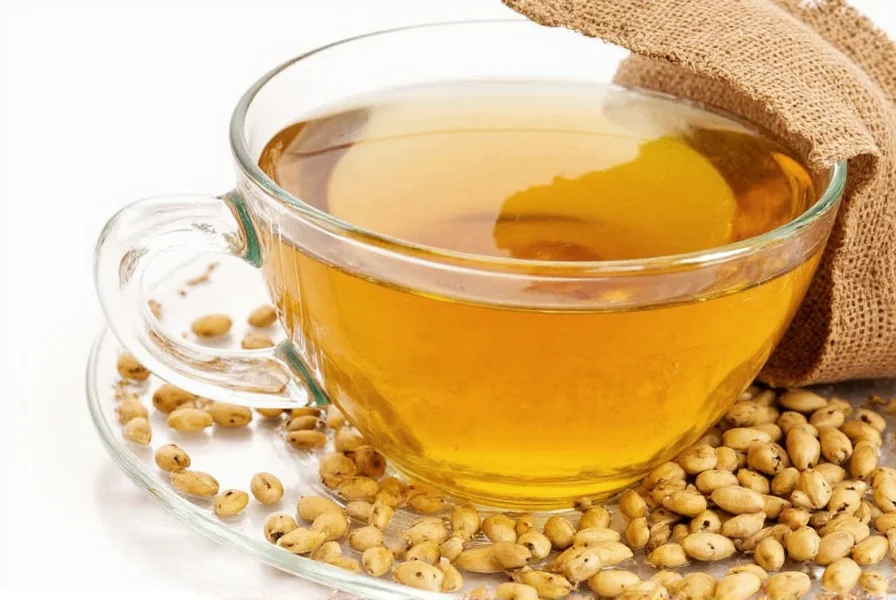 Close-up of fenugreek seeds in a teapot with steam rising, showing golden-brown seeds steeping in clear water