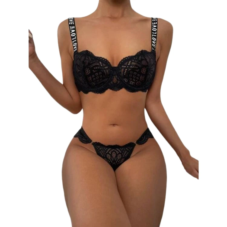 

Floral Lace Letter Tape Underwire Lingerie Set Sexy Bra And Panties Girls' Underwear