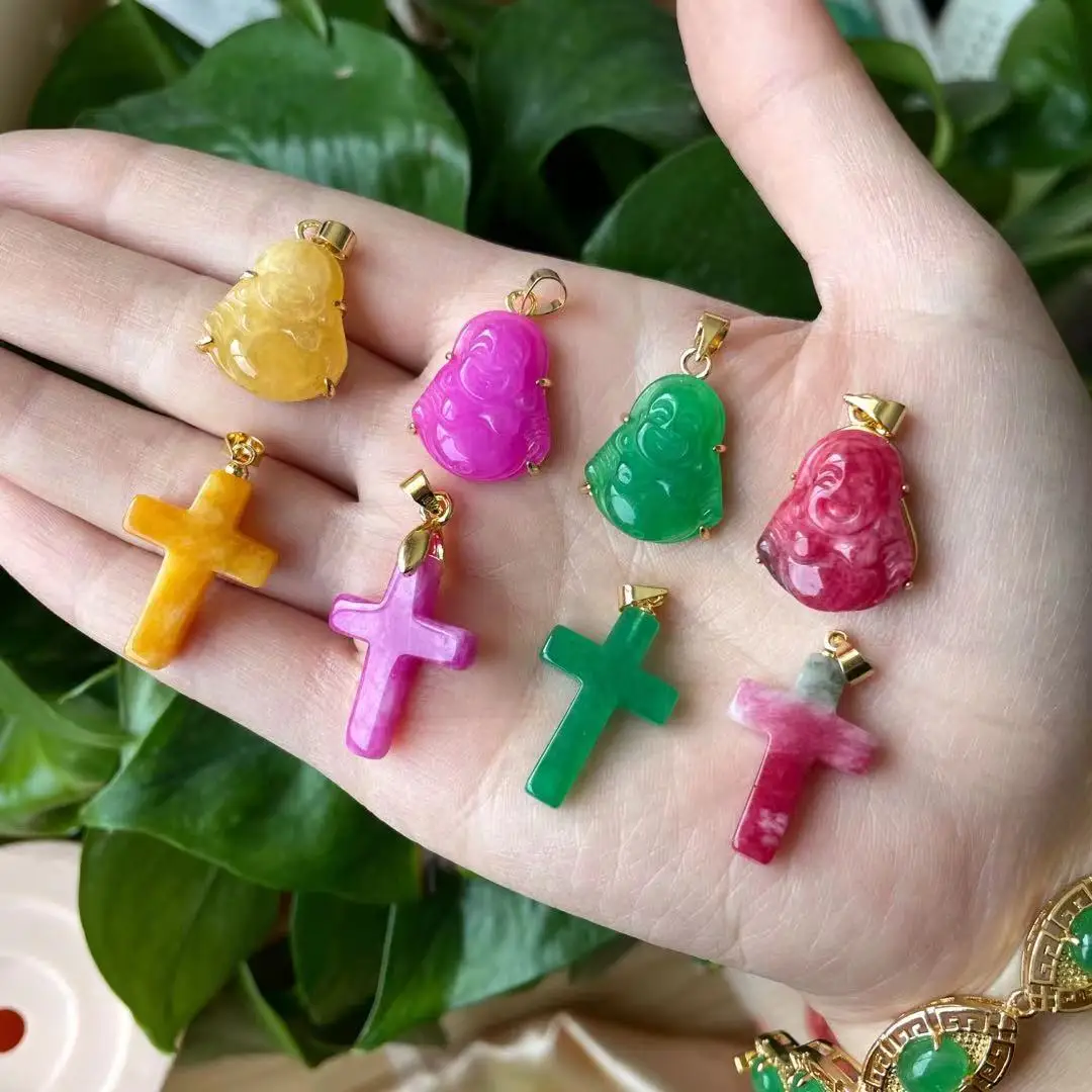 

New Charm Factory Price 18k gold jewelry natural jade iced out green pink small buddha pendant Maitreya cross necklace