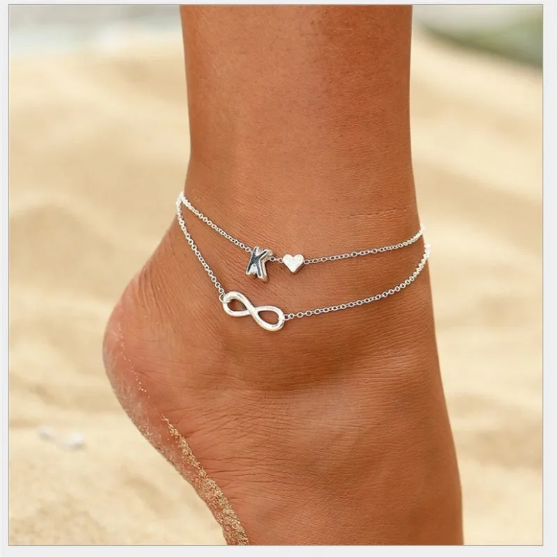 

Fashion Love 26 Letter Alloy Anklets Multilayer 2pcs/set Ornaments Personality Heart Chain Infinity Anklet, Photo