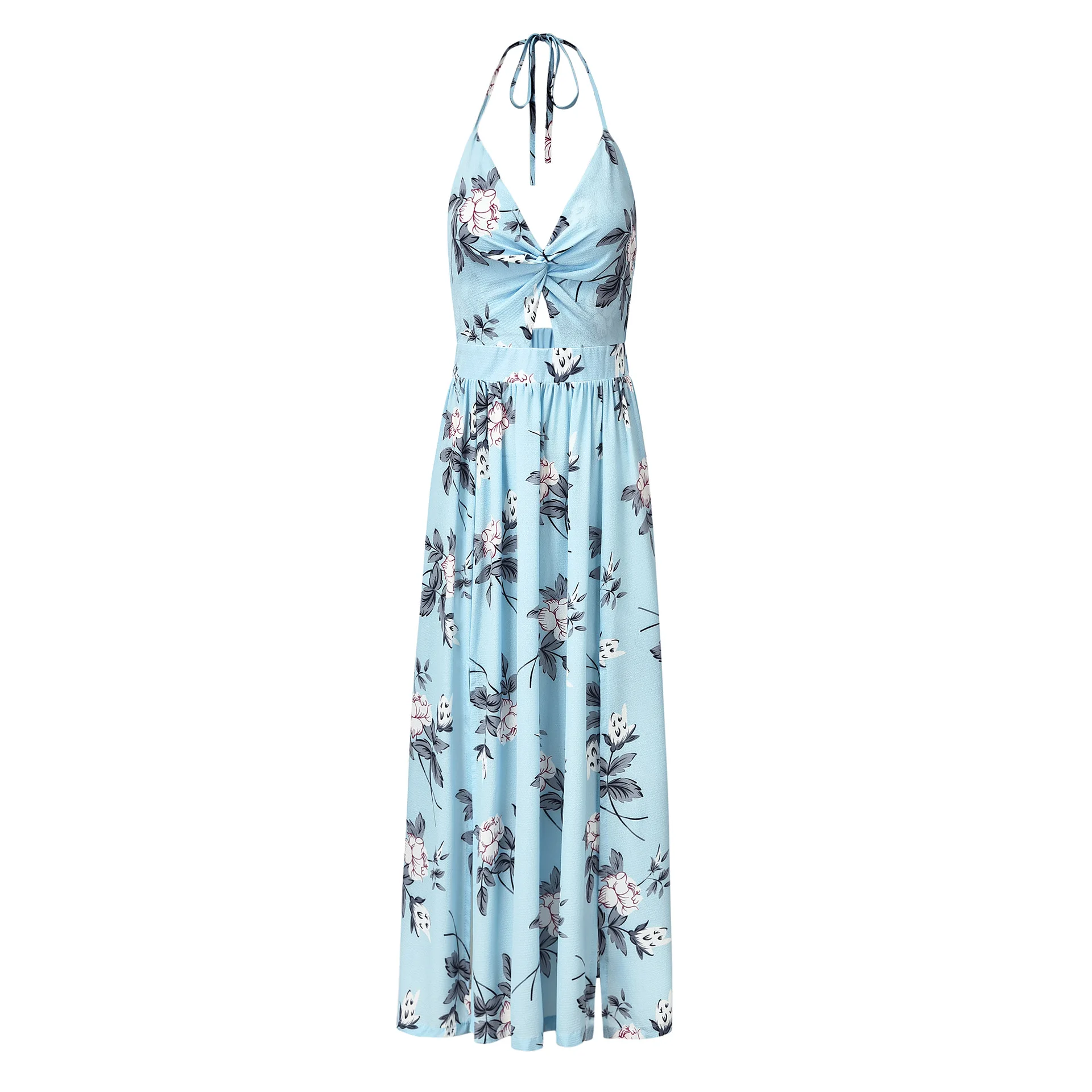 

Hot women's suspender V-neck Chiffon Printed Dress Sexy split Beach Dress Holiday, Blue print, pink print, navy