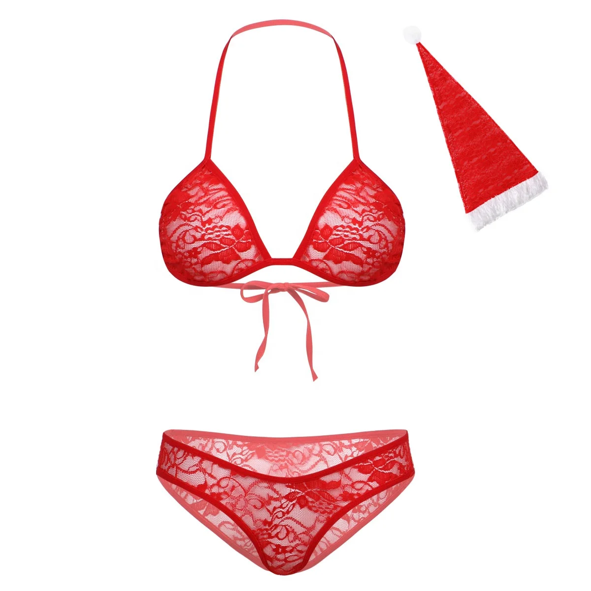 

S Red Women Christmas See-through Lace Lingerie Set Sleepwear Halter Lace Up Wireless Bra Tops Low Rise Briefs with Hat