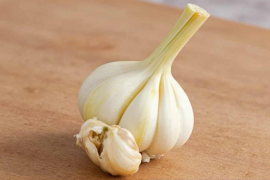 Garlic clove measurement comparison showing fresh cloves next to teaspoon measurements