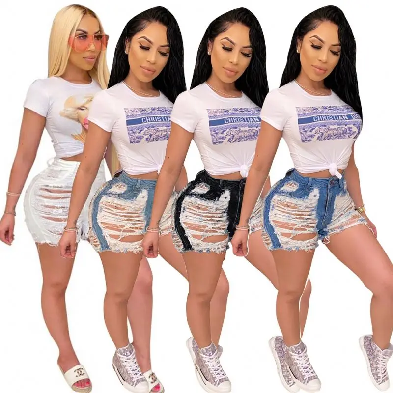 

2021 New Fashion Solid Summer WomanT Shirt With ripped Jeans Shorts Women Ladies Fashion Jeans