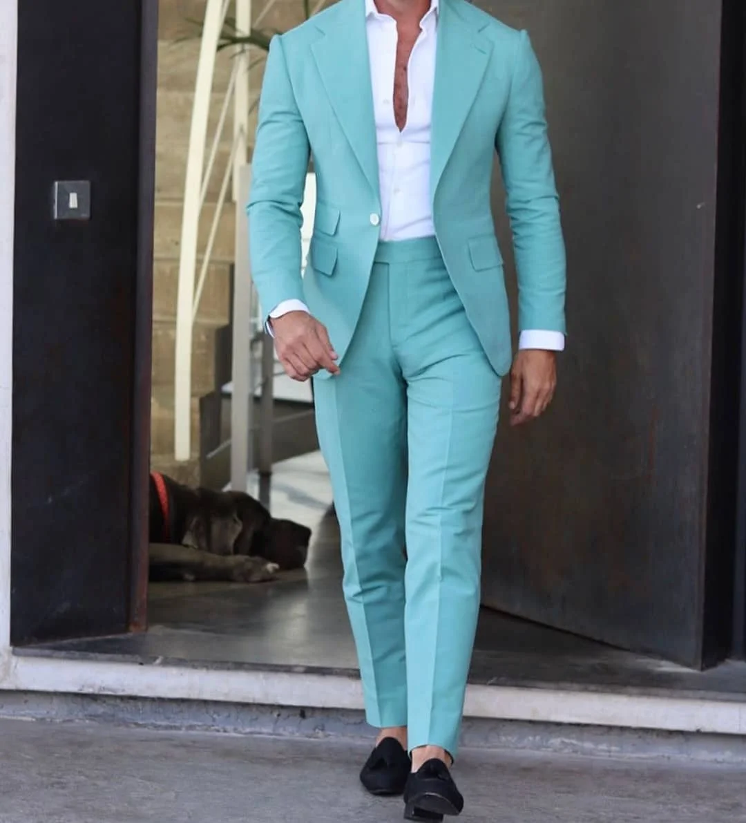 

Sky Blue Single Breasted 2 Pieces Latest Men Suit Design Casual Slim Suit For Man Printed Custom Made, As picture