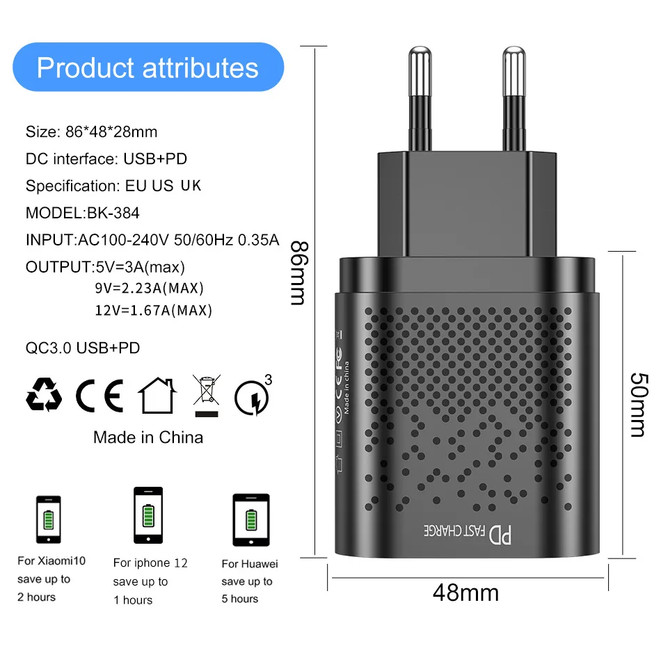 

US/EU/UK PD 20W PD 18W Wall Mobile Phone Charger Charging Fast Usb Portable Charger For Apple/iphone 11 Cable Charger, Silver