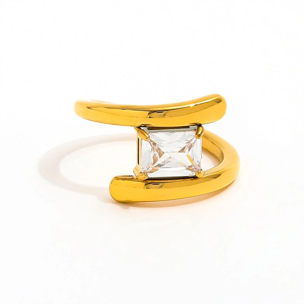 High End 18K Plain Gold Double Rectangle Zirconia Cross Lines Ring Stainless Steel Trendy Simple Gold Plated Jewelry