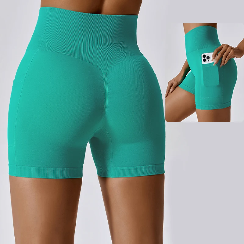 

Solid Color Women Seamless High Waist With Side Pocket Scrunch Butt Lift Peach Hip Tummy Control Gym Fitness Sports Yoga Shorts