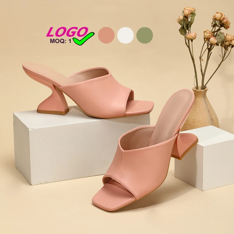 

Dropshipping 2022 mide heel slide sandals solid color 6cm sandals for women PU leather pumps shoes custom