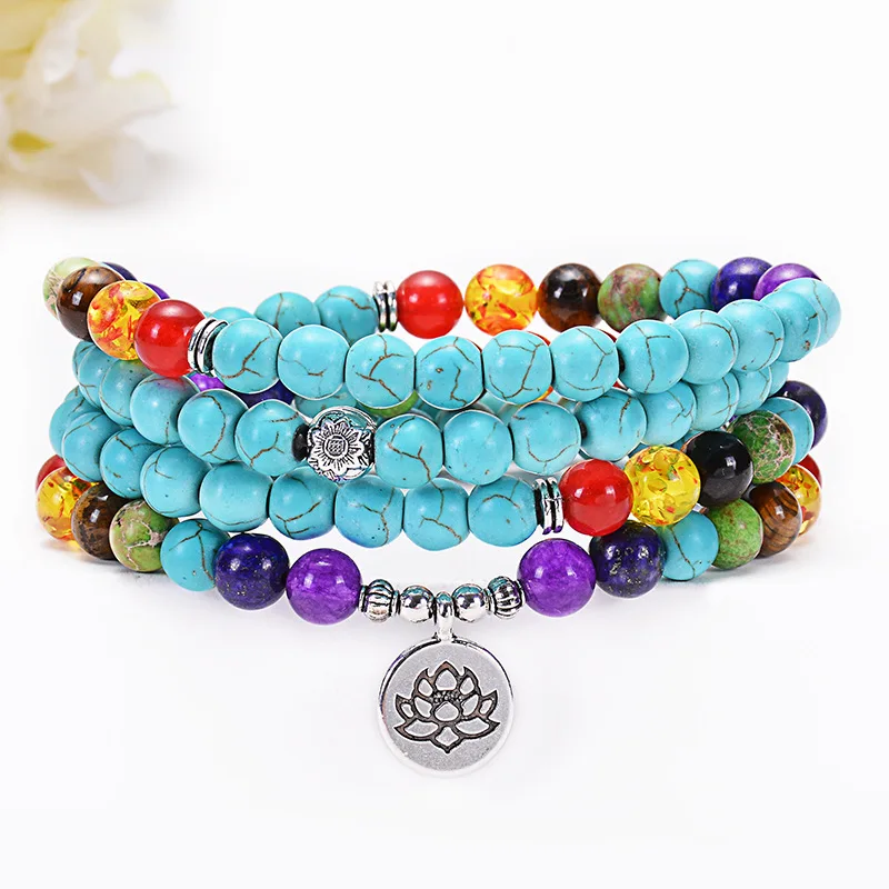 

7 Chakras Rosary Prayer Lotus Life of Tree Pendant Turquoise Yoga Bracelet 108 Healing Mala Beaded Bracelets for Women Men, As picture