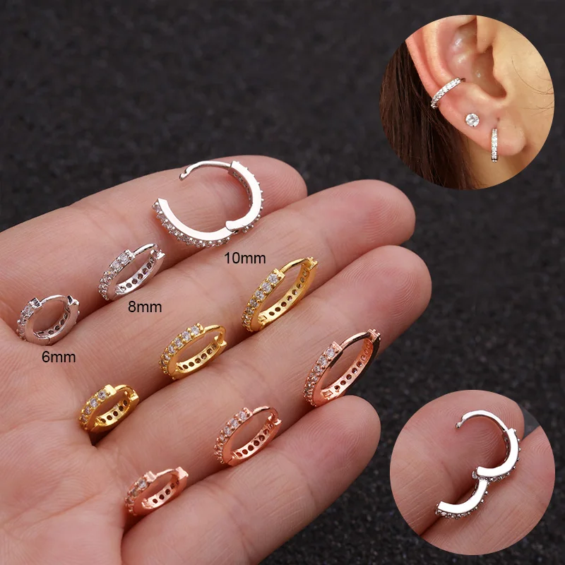 

New 6mm/8mm/10mm Cz Huggie Hoop Cartilage Earring Helix Tragus Daith Conch Rook Snug Ear Piercing Jewelry, Silver,yellow gold,rose gold