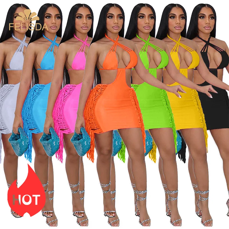 

Hollow Out Tassel Mini Dress Women Sexy V Neck Cross Lace Up Sleeveless Bodycon Club Party Dress 2022 Summer Beach Dress