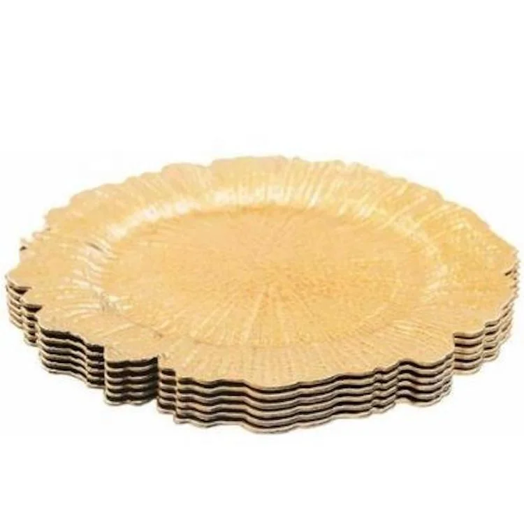 

Acrylic Gold Plastic Wedding Cheap Disposable Embossed  Charger Plate, Clear or color coating