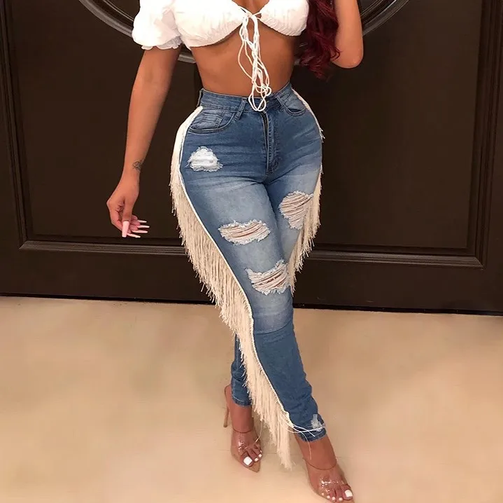 

Streetwear Fashion Tassel Fringed Skinny Hight Waist Blue Ripped Jeans Pants Pencil Denim Pants Long Women Trousers 2021, Blue,light blue,black