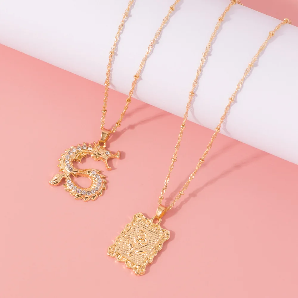 

Statement Gold Plated Rhinestone Crystal Animal Dragon Pendant Necklace Multilayer Geometric Rectangle Pendant Necklace, Picture color
