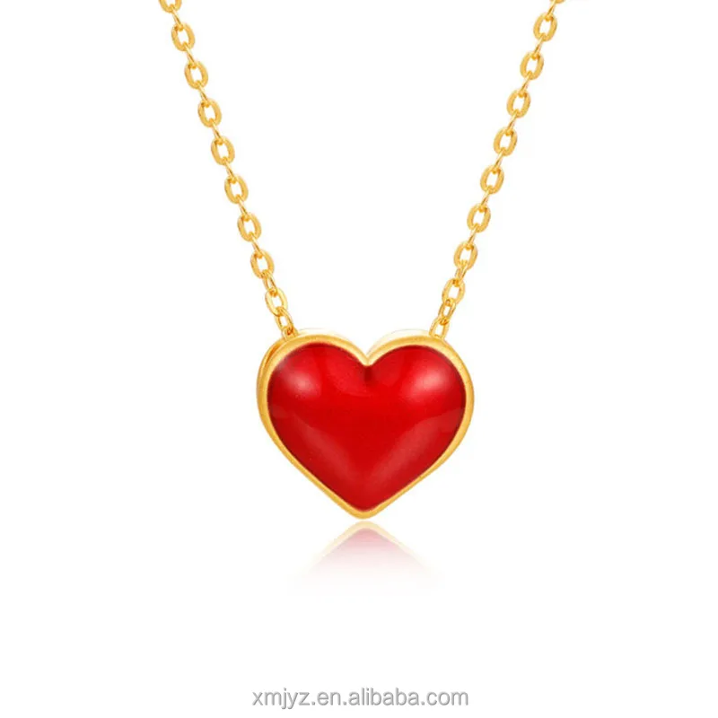 

Certified Gold 999 Pure Gold Painted Love Pendant 3D Hard Gold Brushed Red Peach Heart Shaped Female Clavicle Necklace