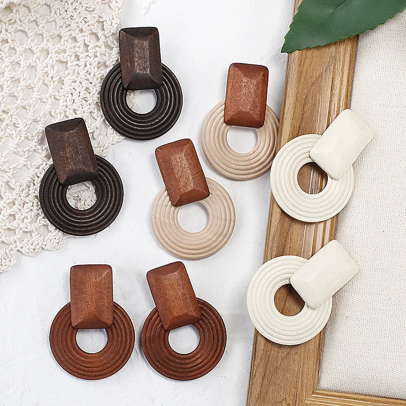 

2020 Handmade Ethnic Wooden Mosquito Coil Drop Earrings For Women 4 Color Geometric Statement Hollow Wood Earrings Jewelry