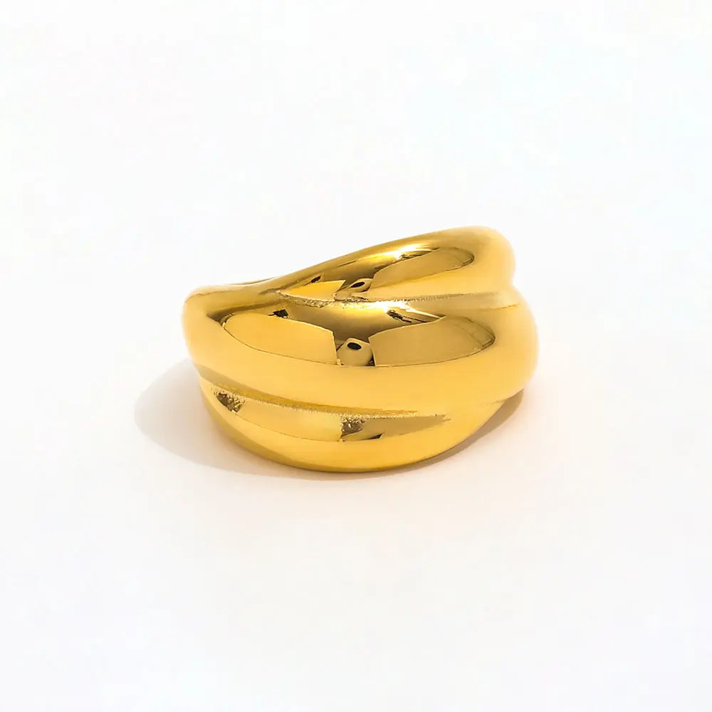 High End 18K PVD Gold Plated 3 Layer Cambered Chunky Band Ring Stainless Steel Women Ring Tarnish Free Fashion Jewelry