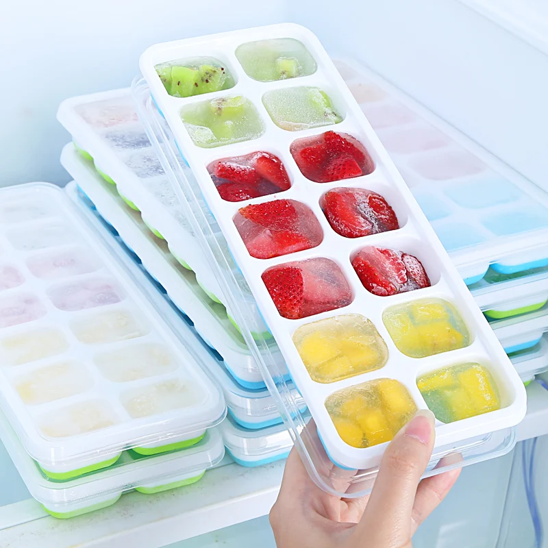 

Haixin 14 Grid biodegradable Ice Cube Tray With Lid Food Grade Silicone Custom Eco-friendly Ice Cube Tray, Blue green