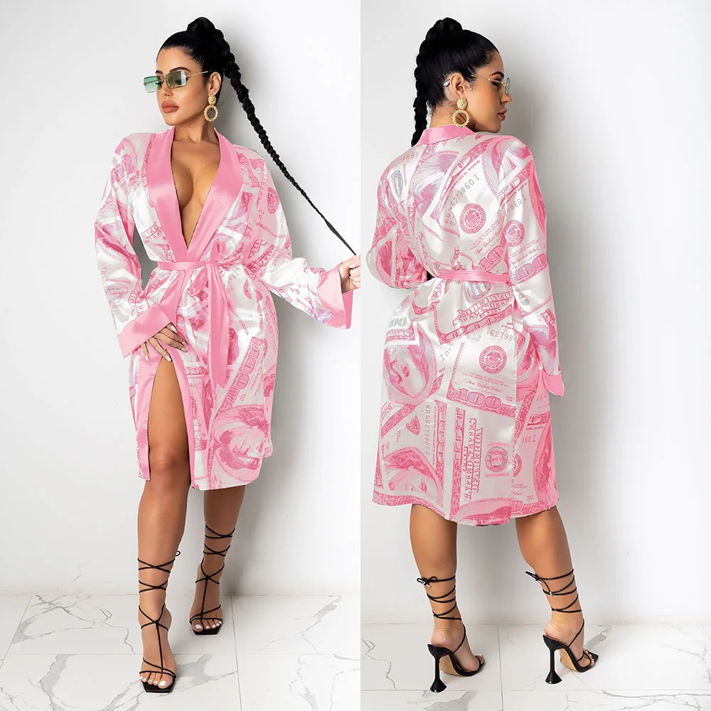 

Wholesale sexy silk satin money robes print bath robe money dress Women's sleepwear custom lingerie women bath robes sleepwear