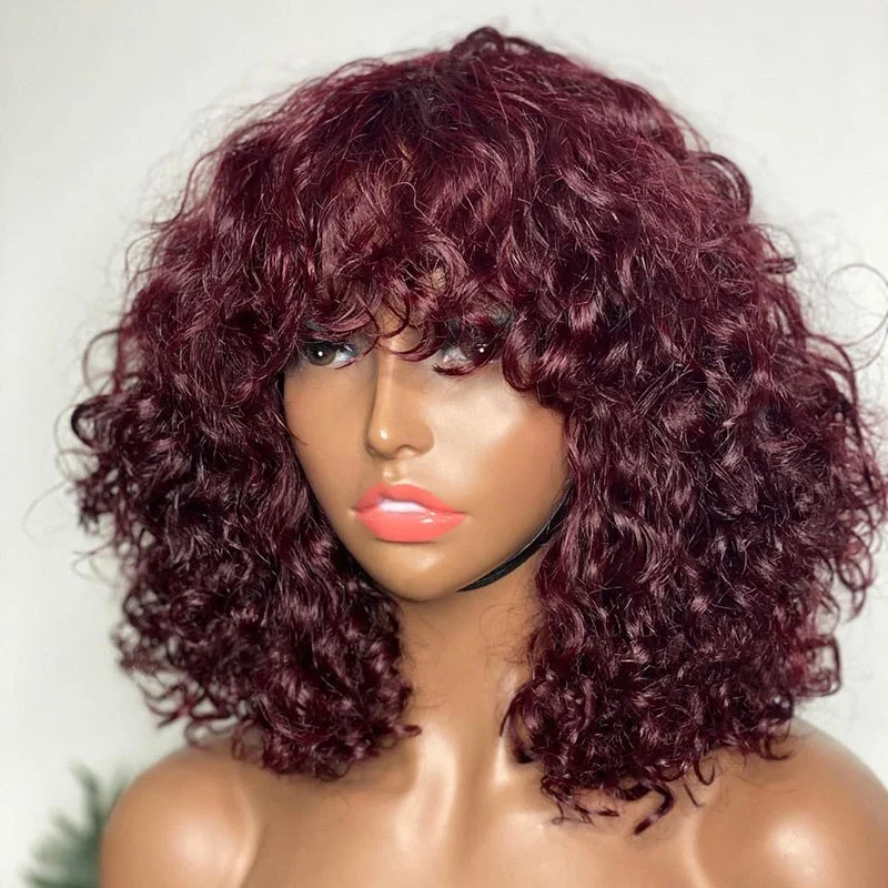 

Super Double Drawn Burgundy Color Virgin Hair Raw Curly Wig Fringe Short Curly Human Hair Hd Lace Frontal Wigs Wig With Bangs